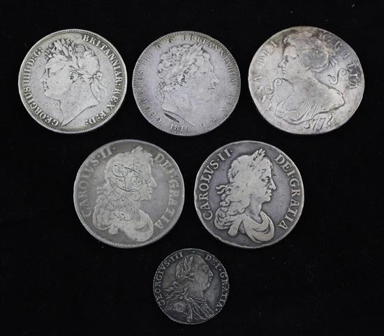 Five English silver crowns, 1707, 1664, 1676, 1819, 1822 & a 1787 shilling.